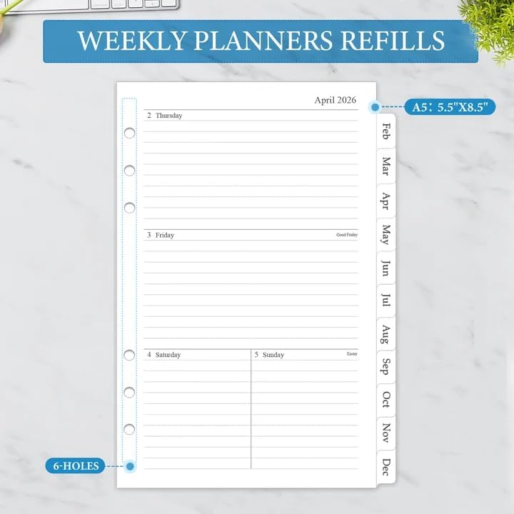 .com : 2026 Weekly & Monthly Planner Refill, A5 Medium Planner erts for 6 Holes, 5.5"x8.5", Jan. 2026 - Dec. 2026, 12 Monthly Calendars with