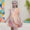 Girls Round Neck Flutter Sleeve A Line Flared Dress Blue Black Gold Printed