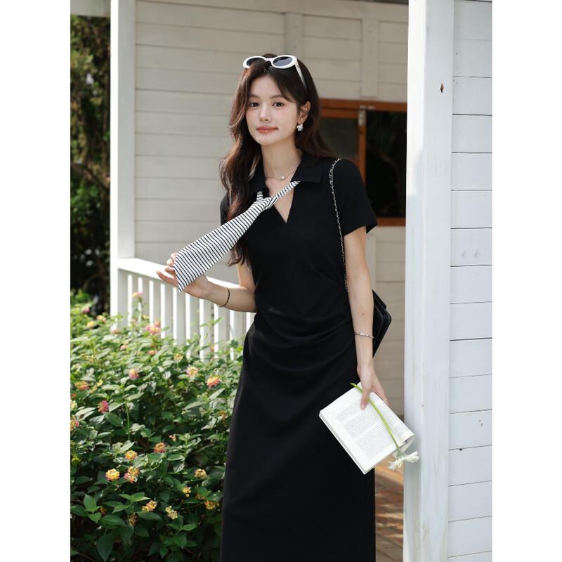 French Style Black Slimming A-line Long Dress L