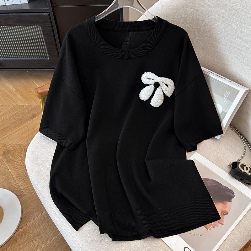 Plus Size Women's Summer Ice Silk Knit Top - Slimming Short Sleeve T-shirt