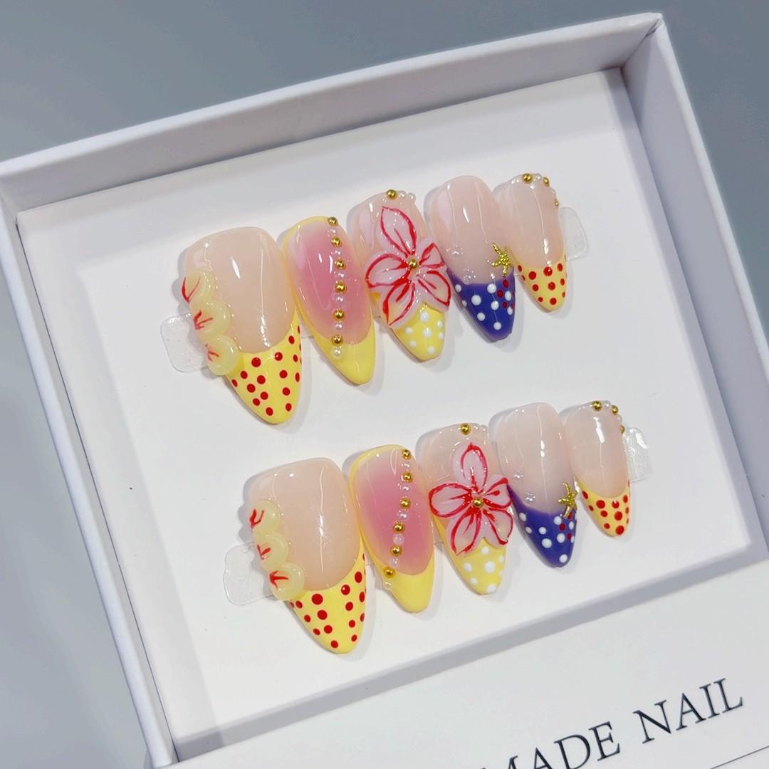 Handmade Polka Dot Almond Nails with 3D Spicy Girl Style Medium