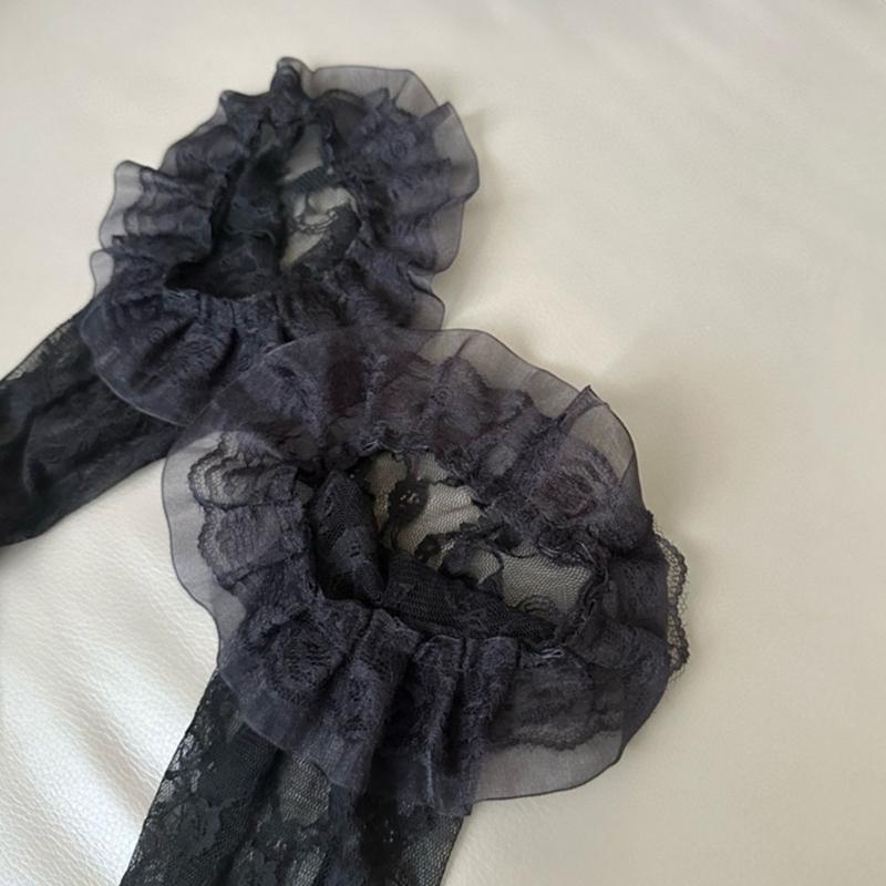 Womens Japanese Sheer Flower Lace Fishnet Thigh High Stockings Sweet Layered Ruffle Trim Frilly Over Knee Long Socks