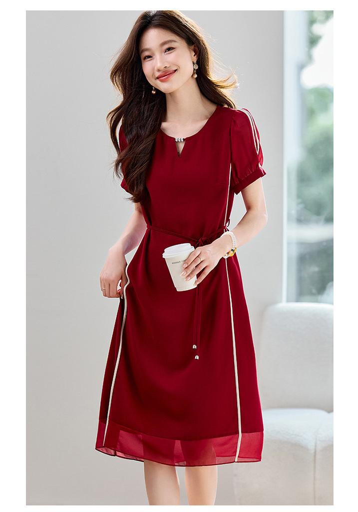 Elegant and Sophisticated Summer New Contrasting Color Waist Slimming Short Sleeved Casual Western-style Mid Length Dress Mid Length Skirt