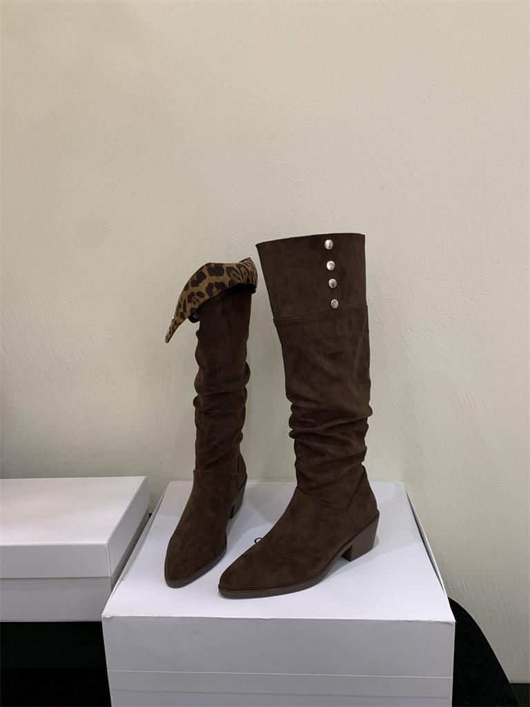 Pleated stacked boots women's 2025 autumn and winter new high knight boots pointed thick heel two wear long boots women's boots