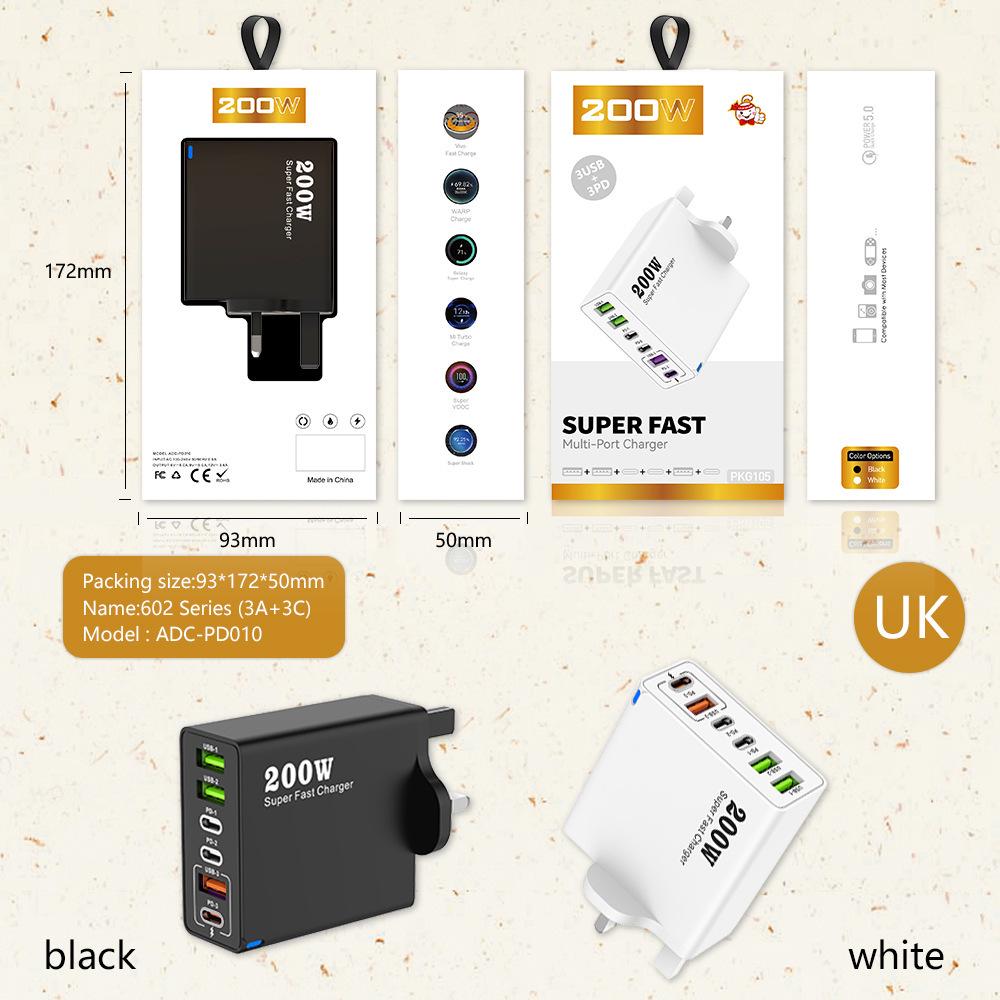 200W Multi-Port Charger - 3 USB & 3 PD Ports, Six-in-One Fast Charging for Phones (5V 2.4A), EU/US/UK Compatible