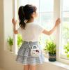2025 Korean Summer Cute Cat Print Short Sleeve Plaid Skirt Set