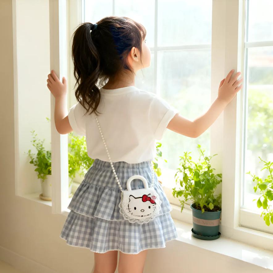 2025 Korean Summer Cute Cat Print Short Sleeve Plaid Skirt Set