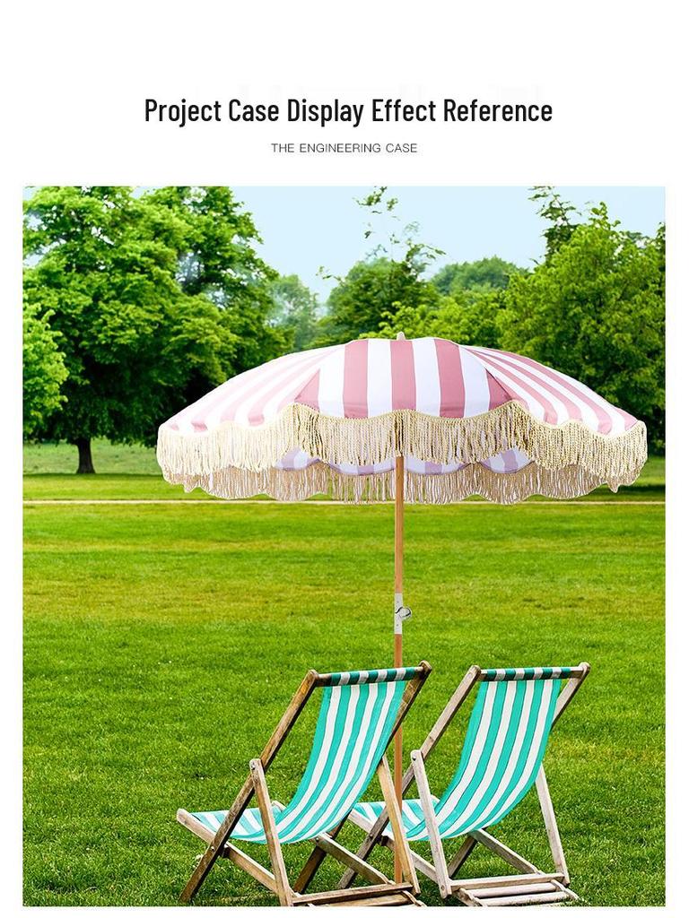 European Style Wooden Pole Sun Umbrella with Tassel Edges for Patio, Beach, Pool, or Terrace