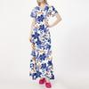 Women's Casual V-neck Short Sleeve High Waist Retro Flower Leaf Print Dress