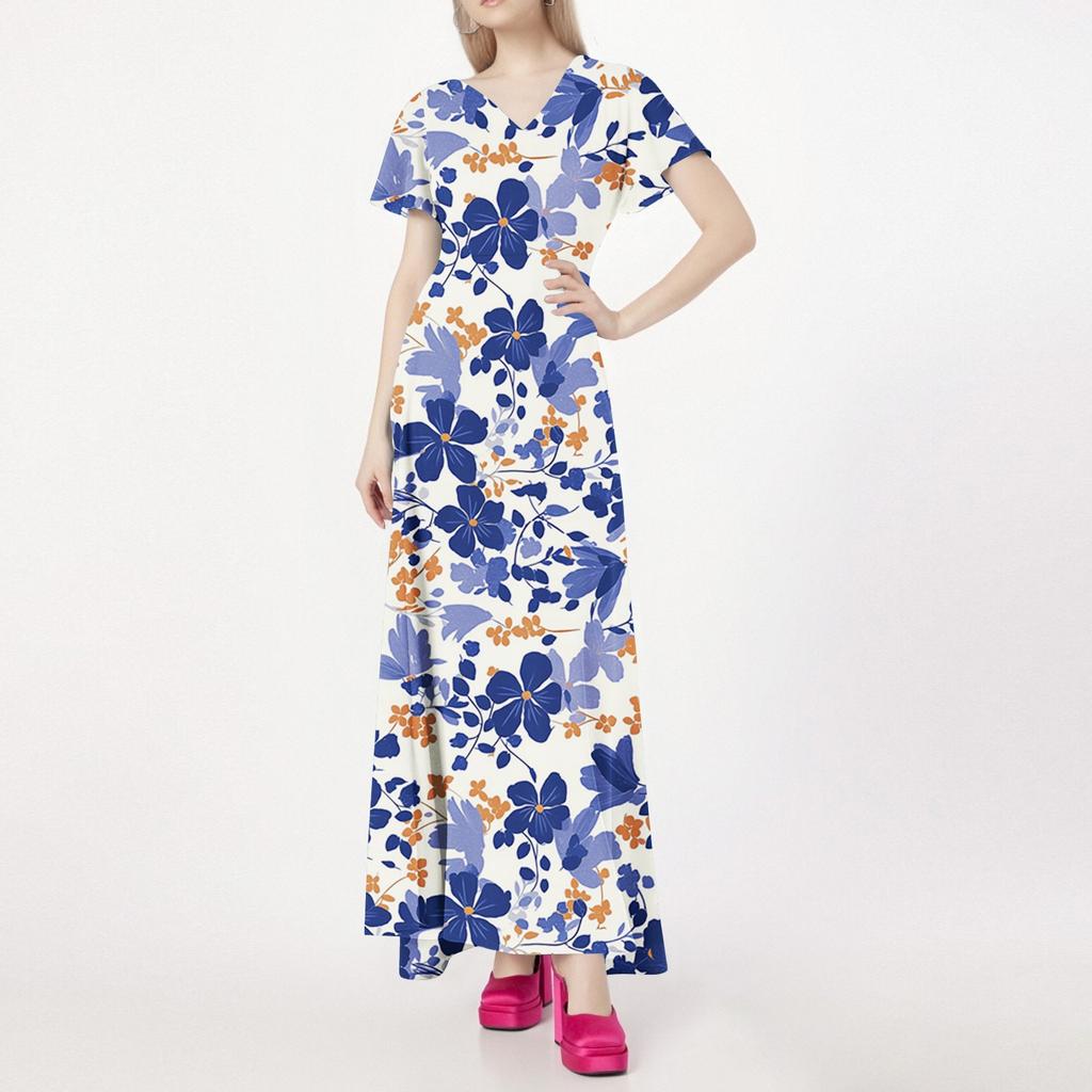 Women's Casual V-neck Short Sleeve High Waist Retro Flower Leaf Print Dress