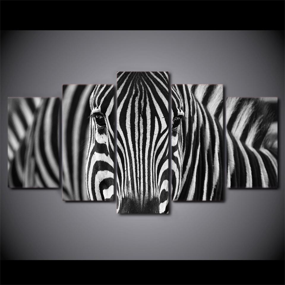 HD imprime tela de casa arte de parede decoração quadros quadros 5 peças zebra preto e branco pinturas para sala de estar posters de animais