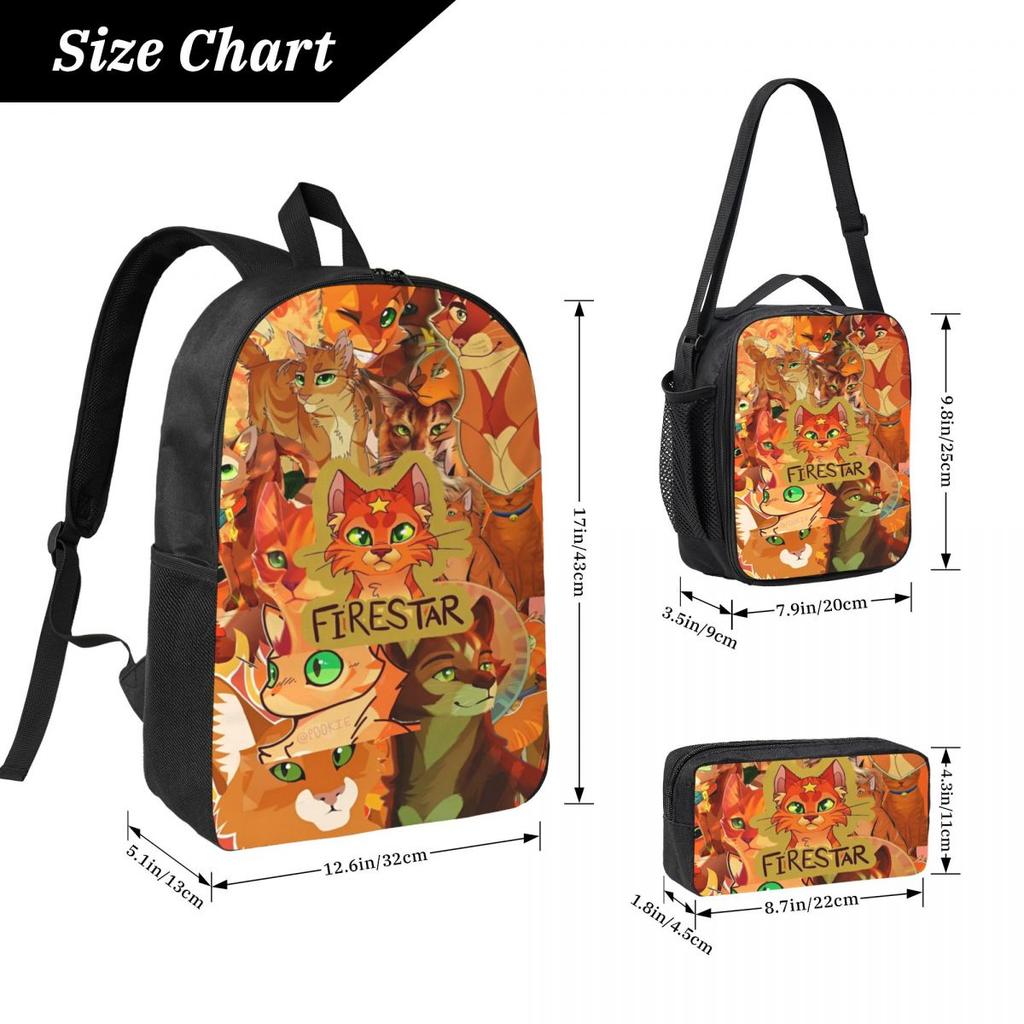 3 Stück Warrior Cats Schultaschen Set für Jungen Mädchen Federmäppchen Rucksack Sets mit Brotdose Für Schulkinder Rucksack