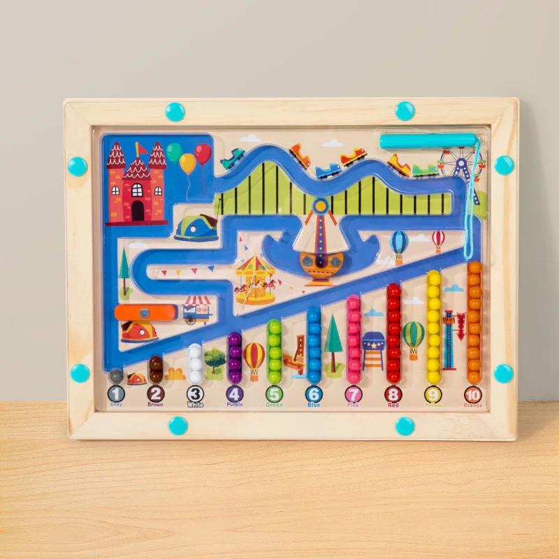 Montessori Magnetic Color Sorting Games Maze Board Pen Moving Bead Games Wooden Control Sensory Play Educational Toys for Kids