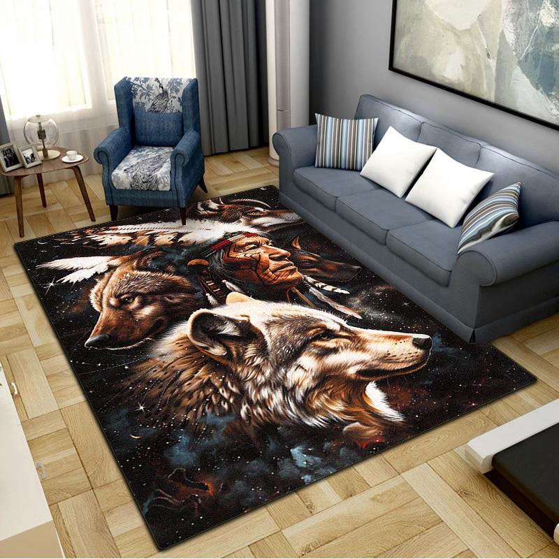 Indian Chief Wolf Bear Carpet Rug for Living Room Bedroom Home Sofa Decoration,Kids Play Non-slip Floor Mat