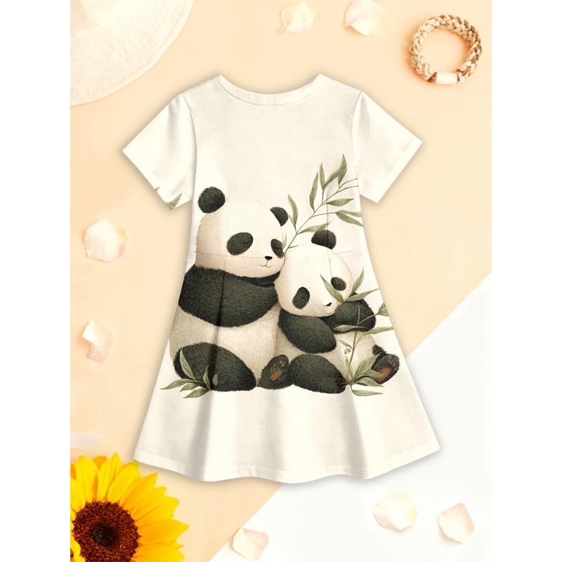 Girls' 3D Summer Dress Panda Illustration - Cute Panda Pattern for Outdoor Play, Birthday Parties, School Events
