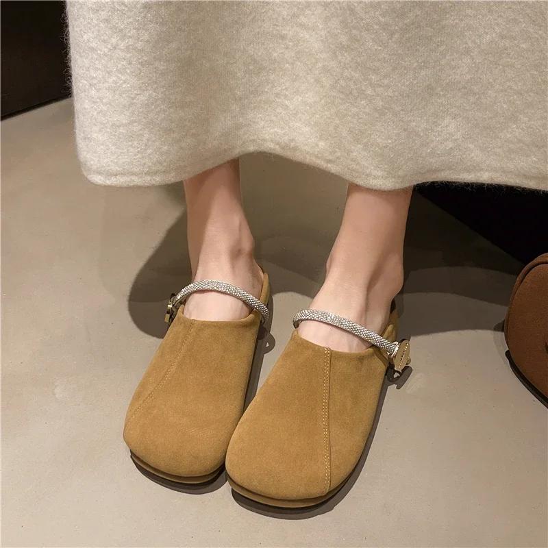 2025 New Women's Mules Flat Sole Solid Rhinestones Cover Toe Slippers Women Dress Metal Decoration Concise Zapatillas De Mujer
