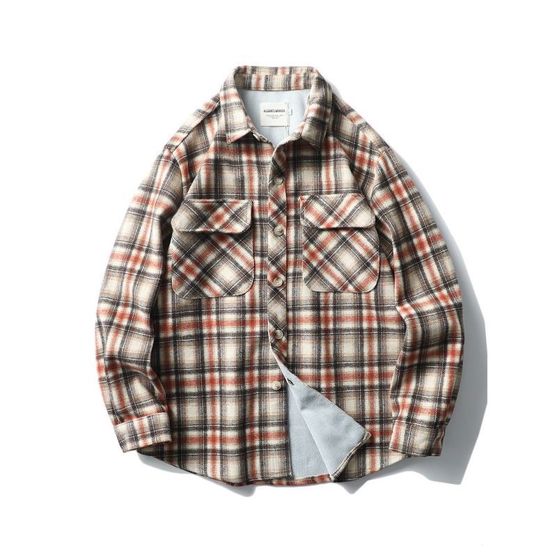 American Retro Plaid Shirt Male Fall and Winter Fleece-lined Thickened Inner Wear Export Cattle Goods Multi-Pocket Workwear Shirt Coat Black and Red Grid M