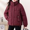 Women's Wine Red Quilted Puffer Jacket Stand Collar Loose Warm Winter Coat