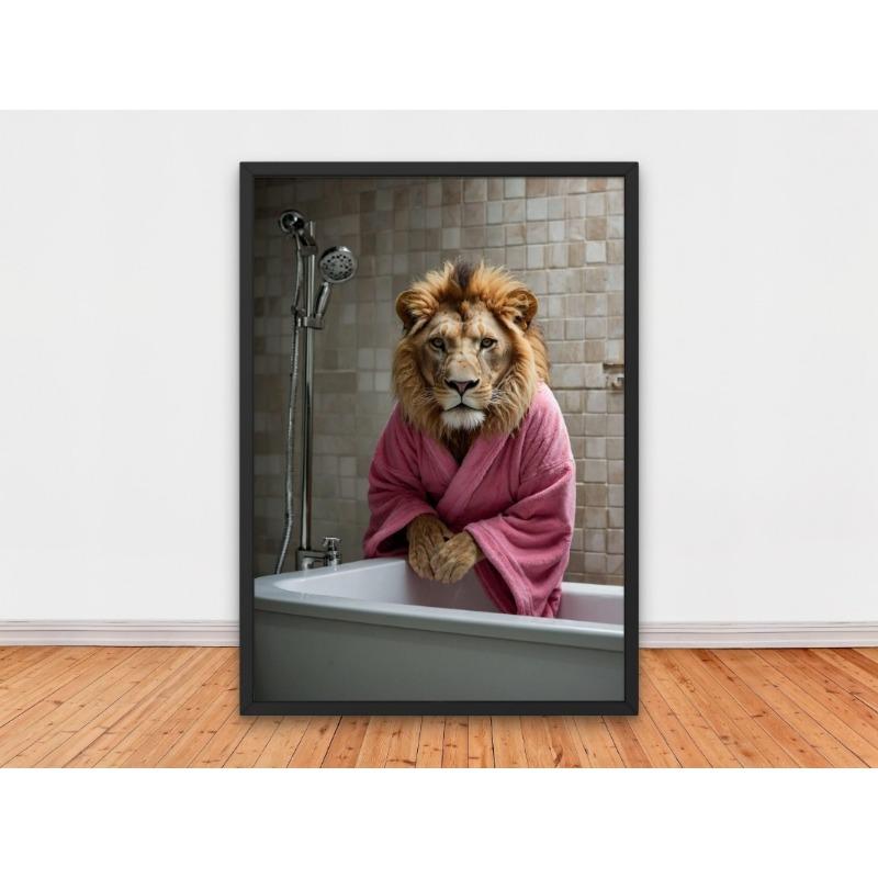 Animal Lion Pink Bathrobe In Bathtub Funny Sloth Panda Wolf Poster Print Wall Art Pictures Canvas Painting Room Home Decor Gift