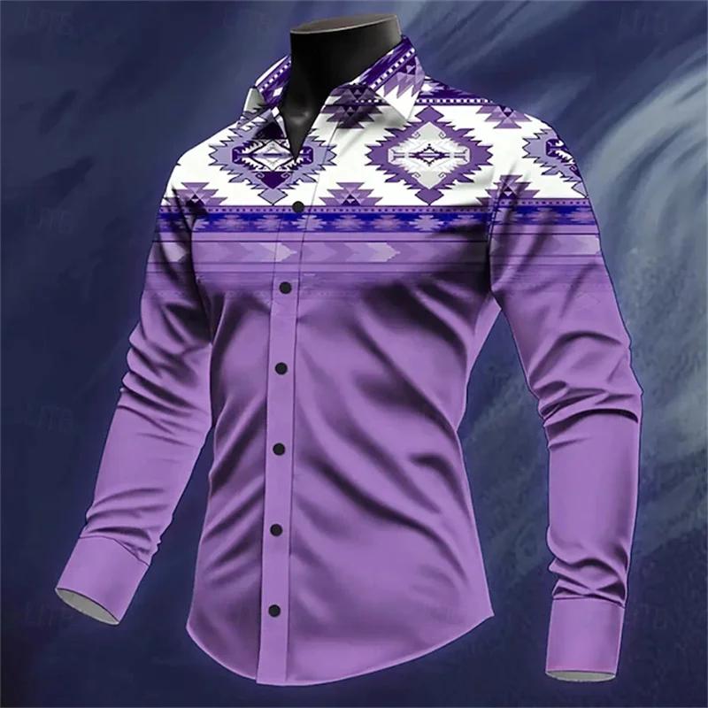 Tribal Geometric Print Long Sleeve Button-Up Shirt, Stylish Casual Wear