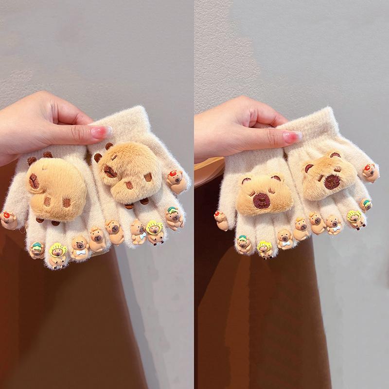 1 Paar Niedliche Cartoon Capybara Handschuhe Kinder Winter Dicke Handschuhe Outdoor Winddicht Warme Handschuhe Kältefest Fünffingerhandschuhe Geschenke