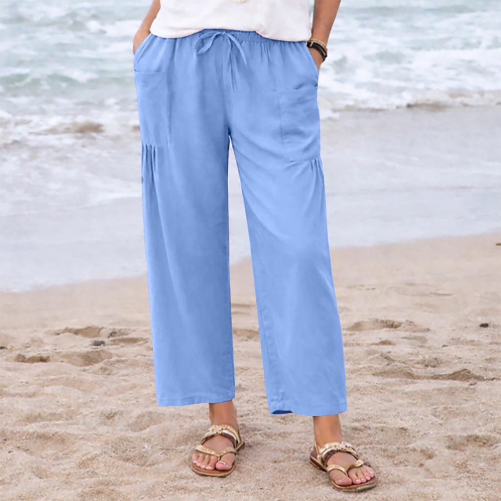 Women Loose Fit Wide Leg Drawstring Pants Casual Linen Trousers with Pockets Elastic Waistband Relaxed Fit Summer Bottoms