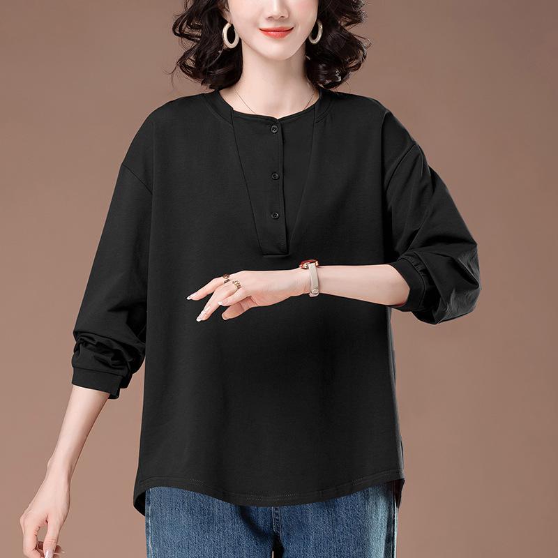 Middle-Aged Women's Plus Size Long-Sleeve Cotton Shirt - Loose Fit, Belly Cover, Ideal for Spring & Autumn (Style 6322)