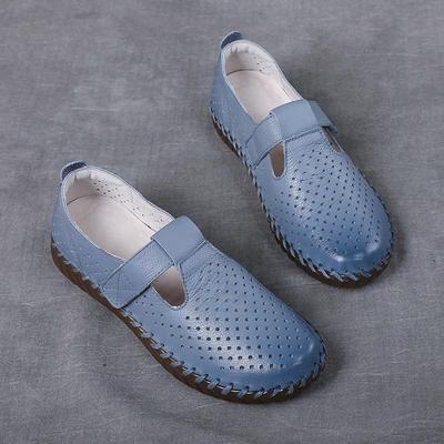 Women's Genuine Leather Sandals - Spring/Summer Soft Rubber Sole, Hollow-Out Design, Versatile Loafers for Moms