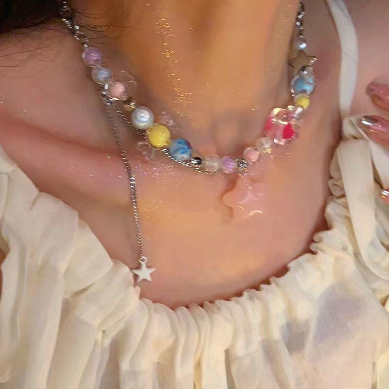 Color Candy Beaded Necklace Girl Sweet Girl Pink Star Love Pendant Collarbone Chain New