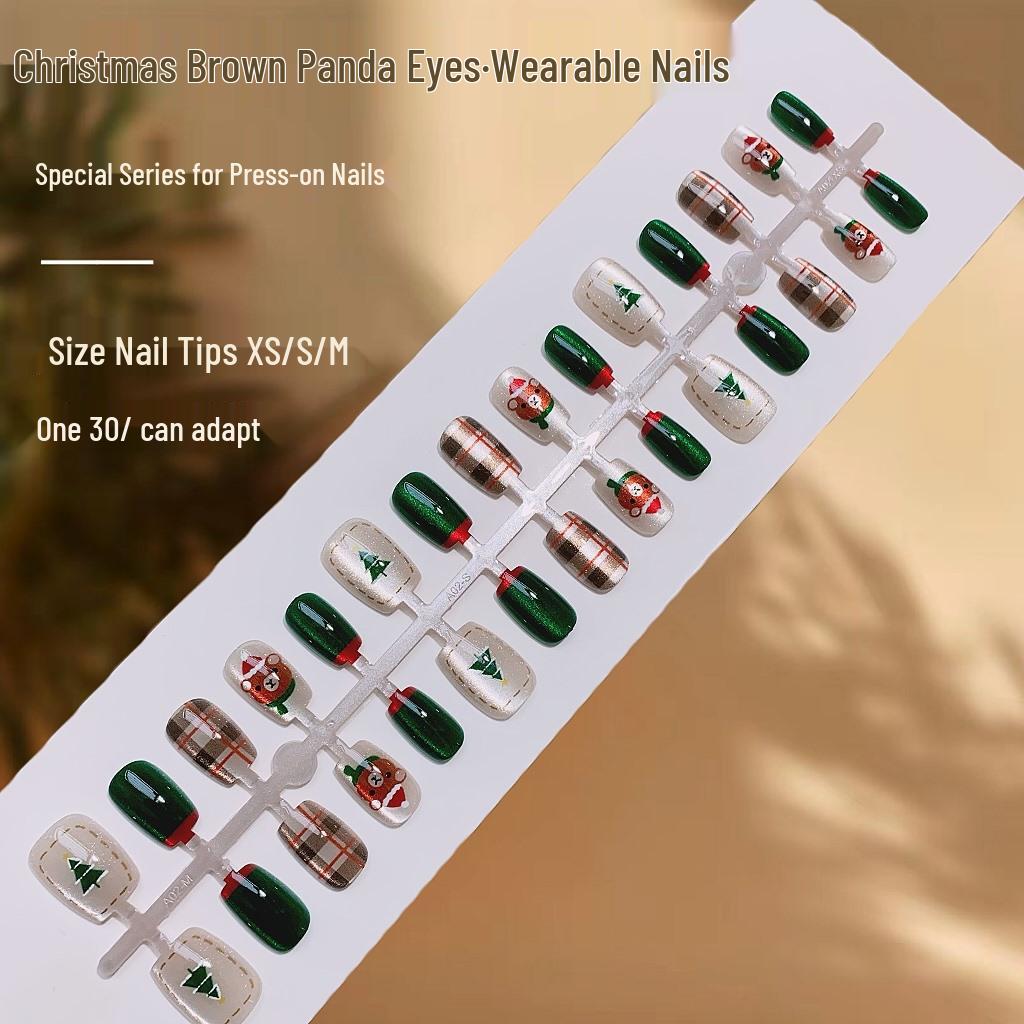 

Christmas Panda Nail Art: Retro Brown Eye Wearable False Nails