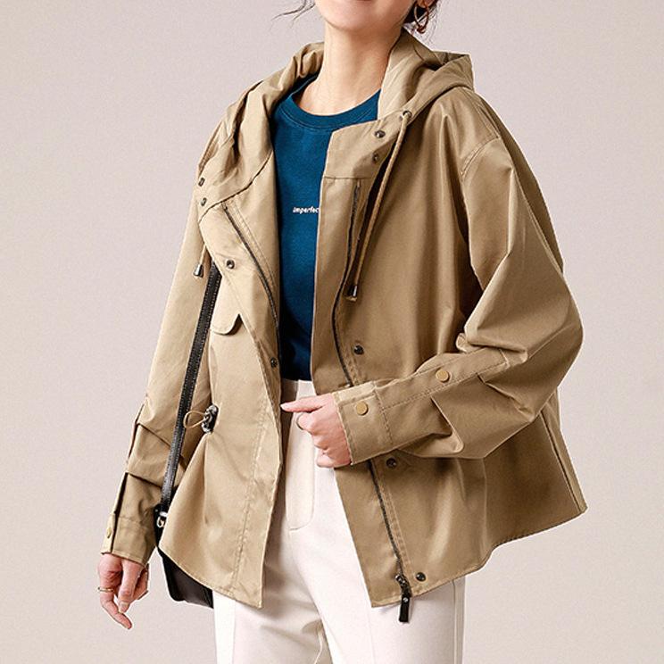 Design Hooded Trench Coat Women's, Spring and Autumn Women's, Short Small Khaki Spring and Autumn Coat Women's Clothing