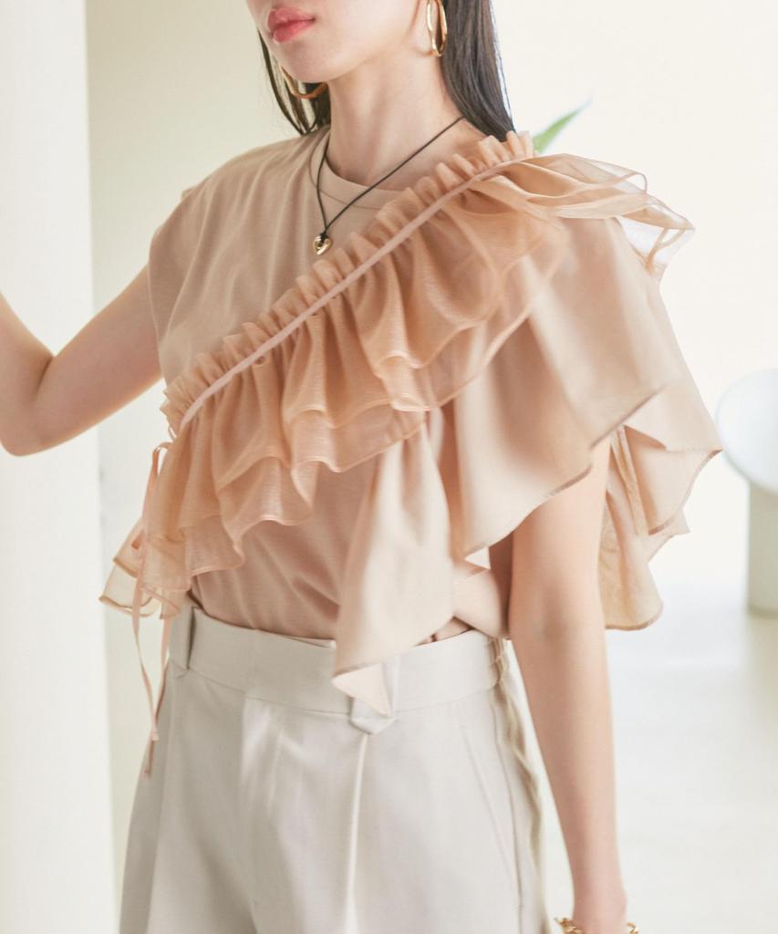 Beige Frilled Docking Pullover with Sash [BIS] Women's T-Shirt (Set) (27)