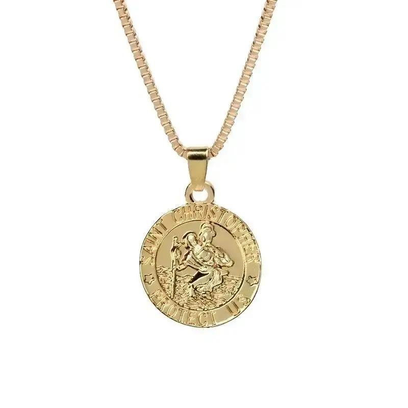 High End Fashion Round Letter Pendant Jesus Traveler Guardian Blessing Necklace Creative Versatile Trendy Jewelry Wholesale