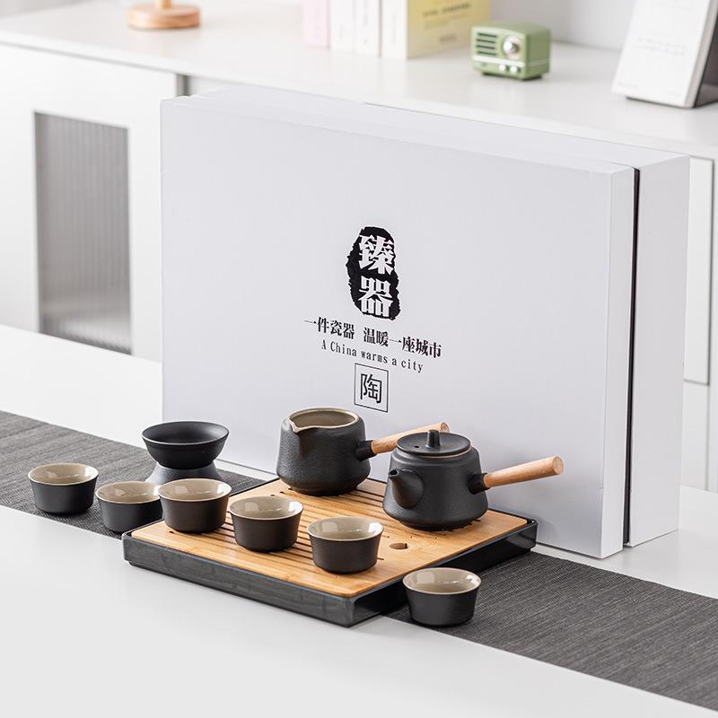 

High-end black pottery kung fu tea set home living room simple ceramic dry brew tea tray light luxury modern large set gift box