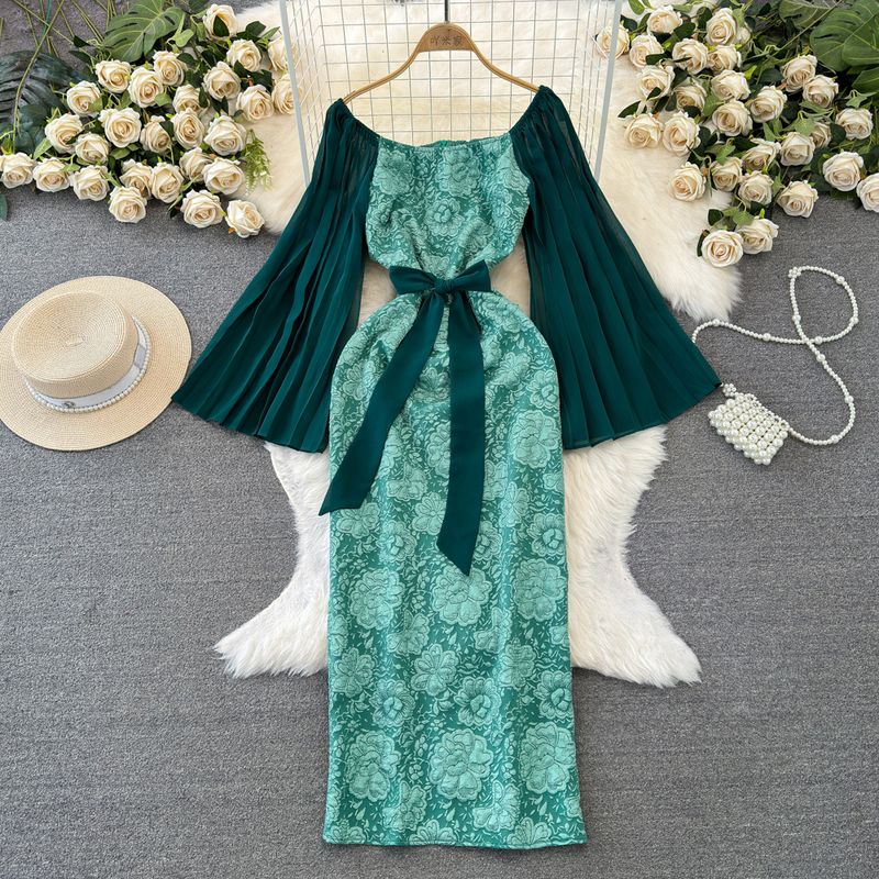 

Socialite Horn Long Sleeves Shoelace Jacquard Dress Dress Green XL