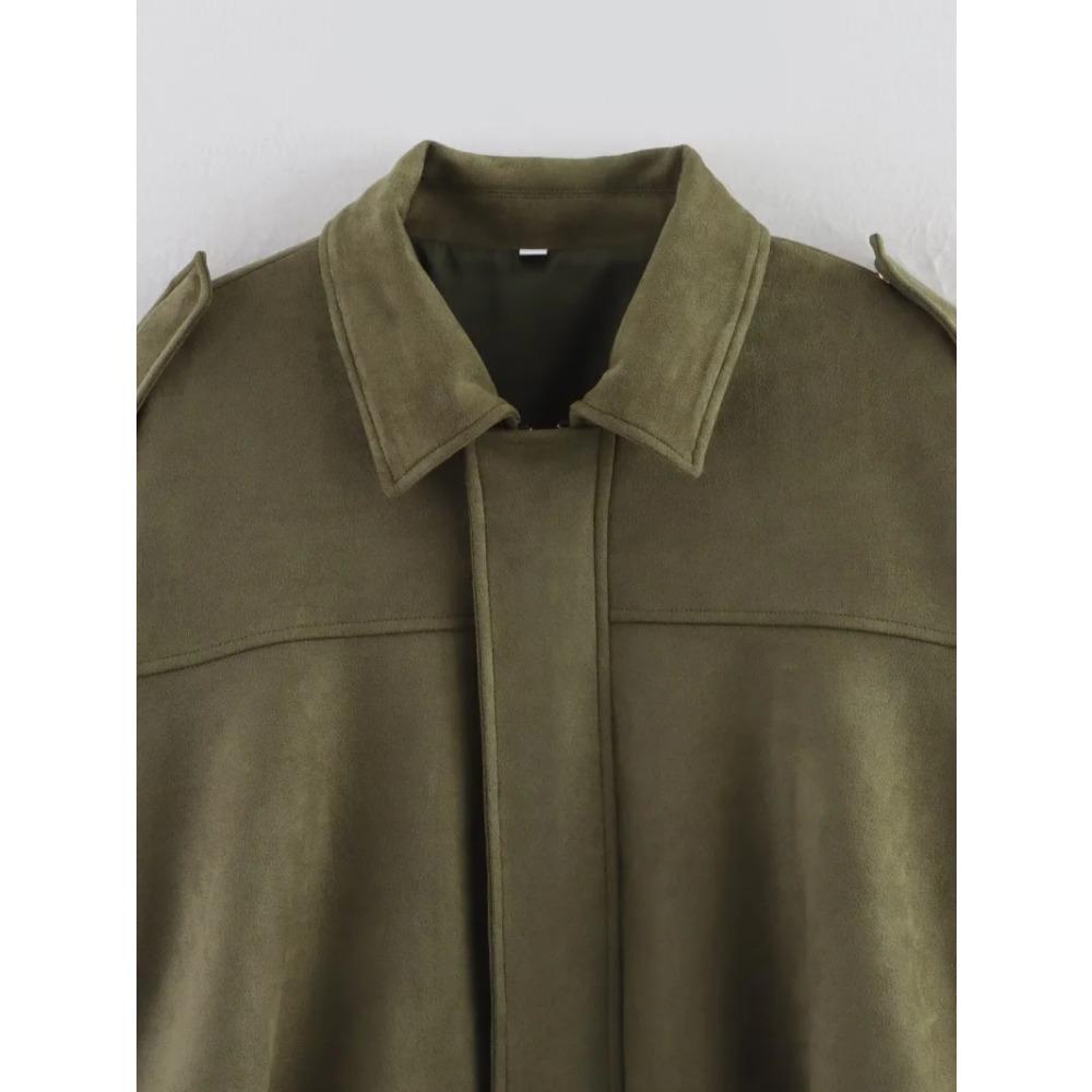 New Women's Suede Texture Effect Loose Version of Fashion Lapel Shoulder Bomber Jacket