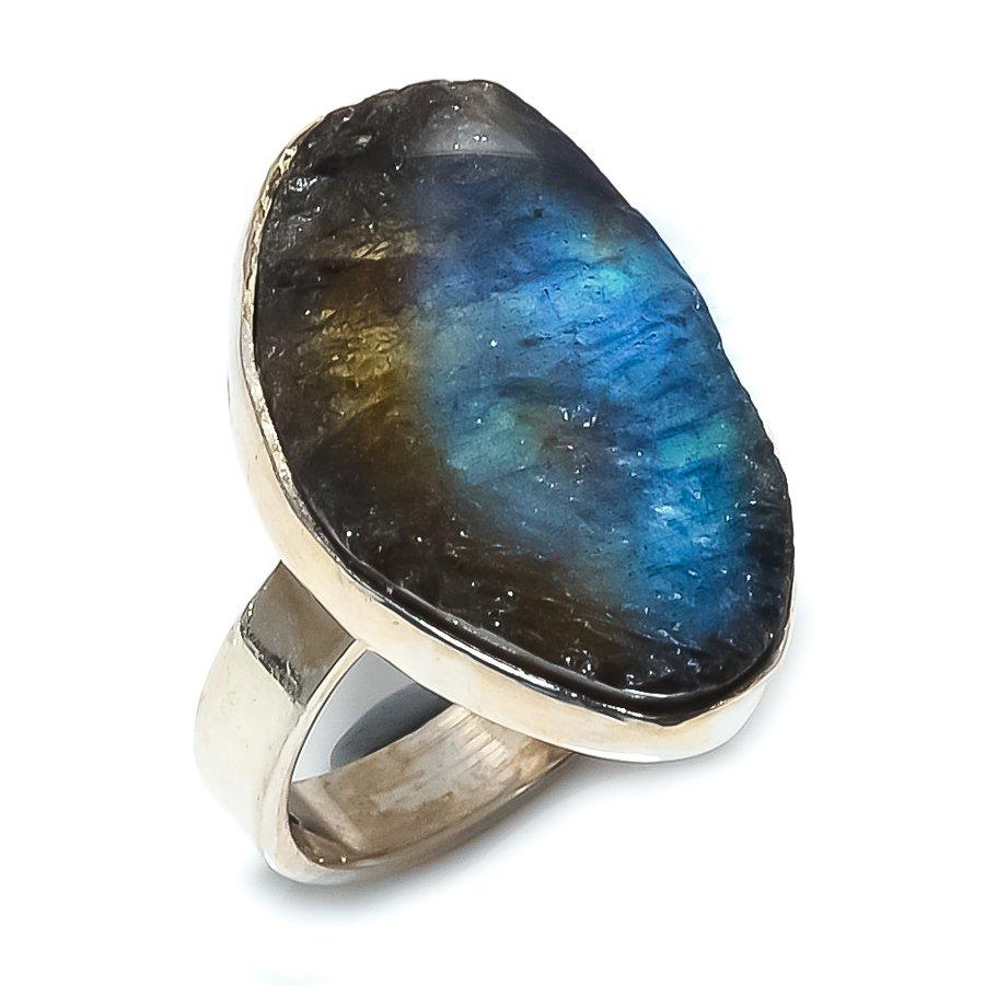 Natural Labradorite Rough Gemstone 925 Solid Sterling Silver Gift Ring S.9 E7Z80
