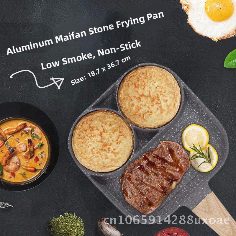 Maifan Stone Non-Stick Egg Pan with Four-Hole Design Flat Bottom Korean Style Aluminum Frying Pan for Breakfast Dumplings