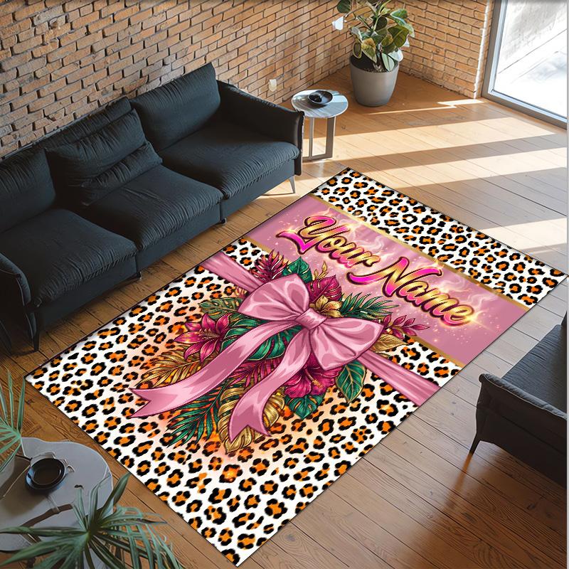 Leopard Theme Crystal Velvet Floor Rug Personalized Custom Name Text Warm Carpet Home Decoration