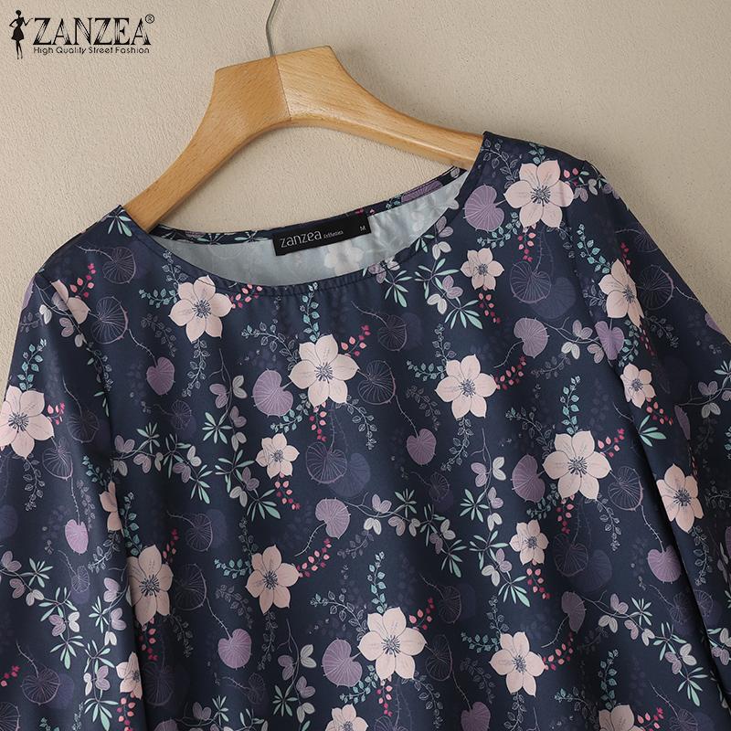 ZANZEA Lässige Damenbluse mit Rundhalsausschnitt und 3/4-Ärmeln, lockeres Blumenmuster