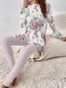 Crew neck long-sleeved set slim-fitting sports retro pattern printed slim-fitting yoga trousers set