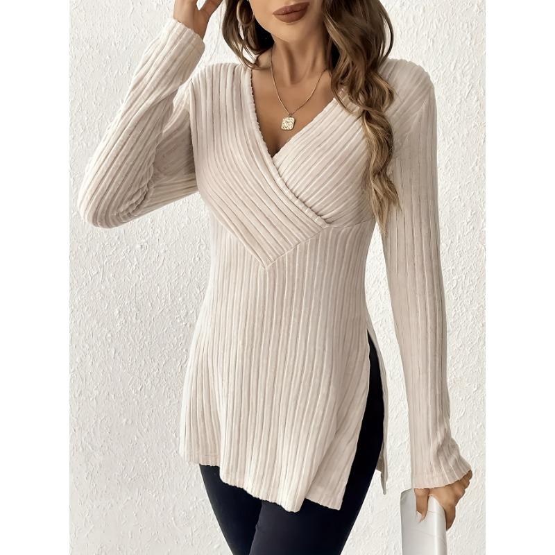 Women's Elegant Long-sleeve Striped Knit Top with V-neck T-shirt