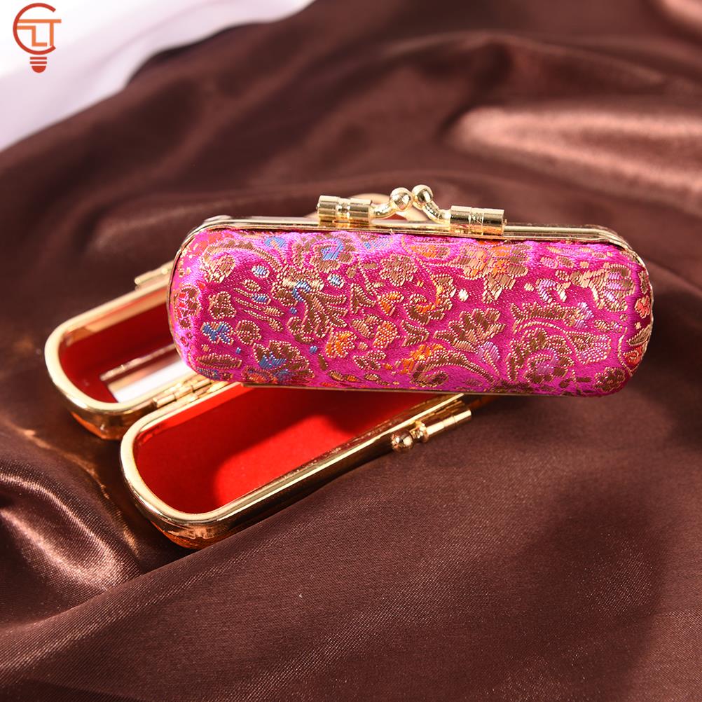 1pc Flower Jacquard Lipstick Case Single Jewellery Box Lip Gloss Storage Case Cosmetic Bags With Mirror Women Makeup Storage Box