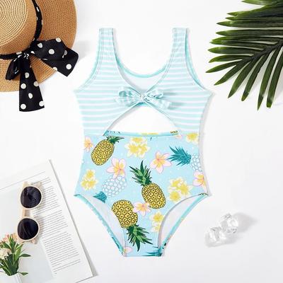 5–14 Jahre Teenager-Mädchen-Badebekleidung, Sommer, ärmellos, Blumen-/Ananas-Druck, Badeanzug für Kinder, niedlicher blauer einteiliger Badeanzug