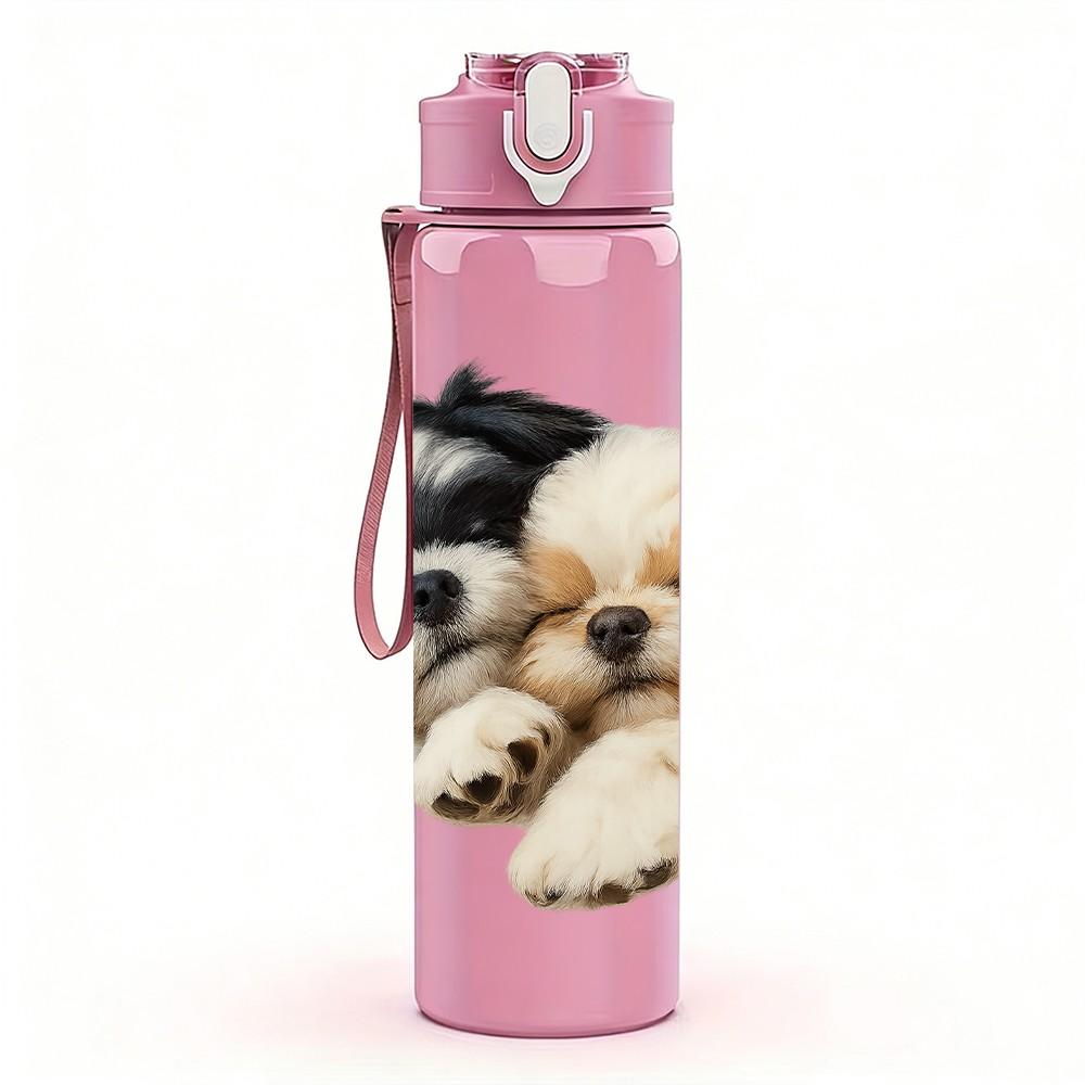 1PC Two Puppies Sleeping Together 750ml Color Plastic Sports Water Bottle Leakproof Flip Straw Lid Suitable for Sports Office Home Use