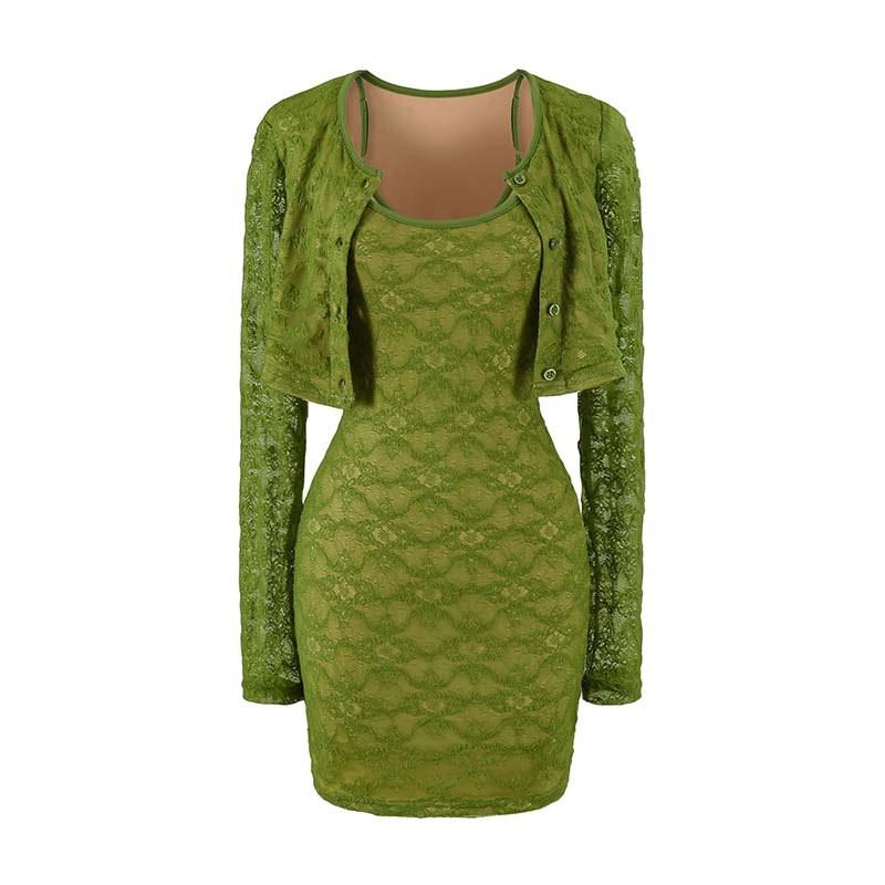 Pure Desire Lace 2-Piece Dress Set Slim Fit Cami Mini Skirt Long Sleeve Cardigan See Through