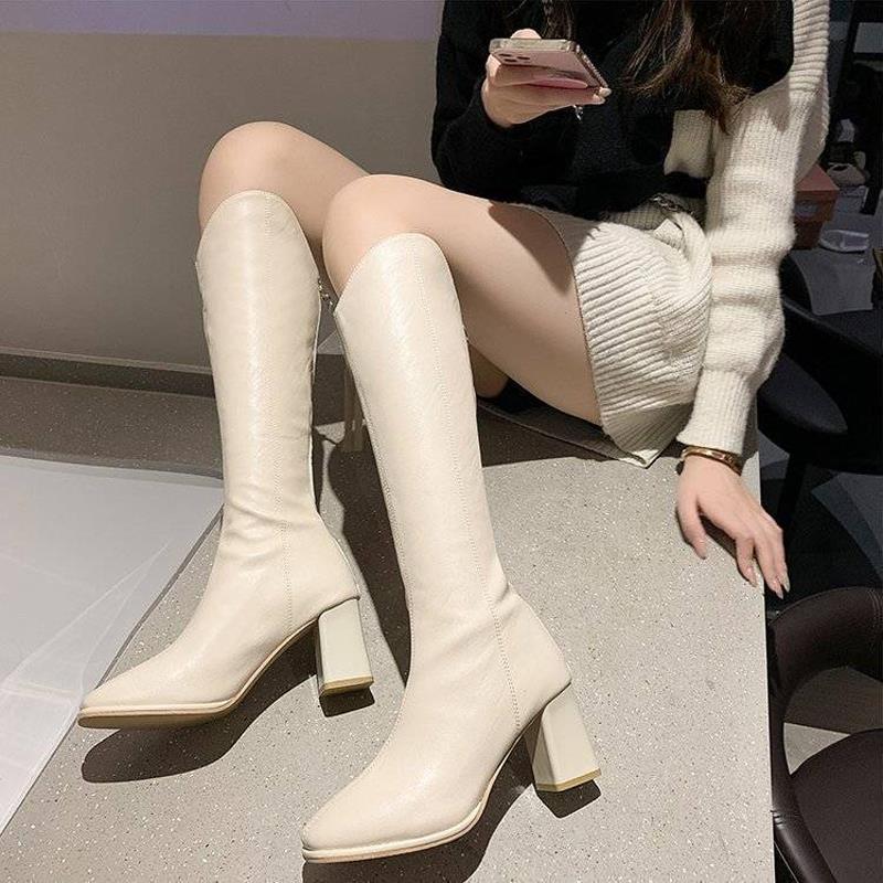 Fashion Square Toe Warm Elegant Heeled Long Boots for Women Designer Luxury Gothic Pu Cosplay Waterproof Hot Knee High Shaft Shoes Woman