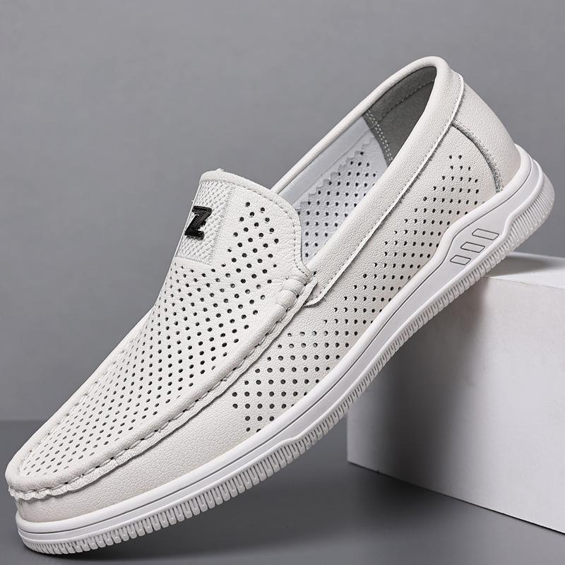 Men's shoes summer breathable thin hollow mesh white beanie shoes men's soft sole one pedal leather shoes