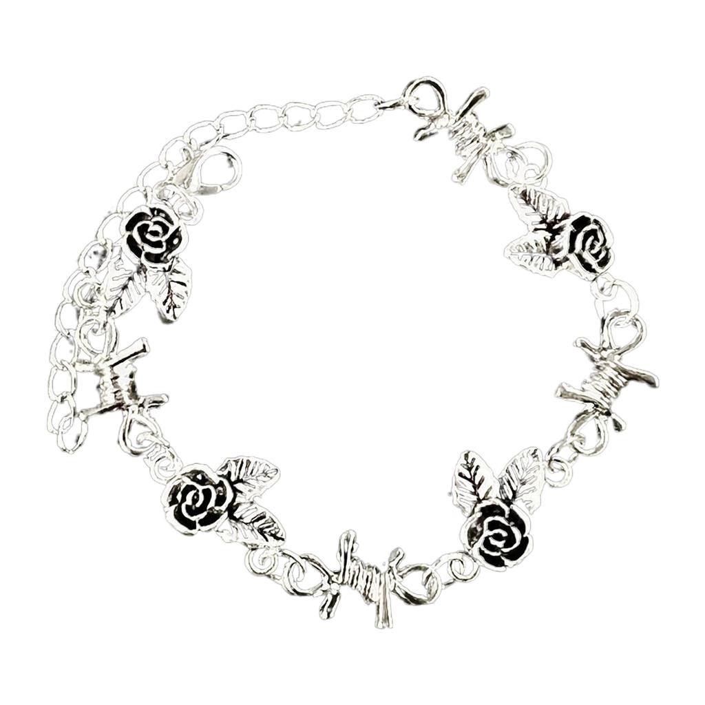 Stylish Thorned Rose Bracelet Adjustable Hand Chain Flowers Link Bangles Victorian Style Jewelry for Fashionable Ladies