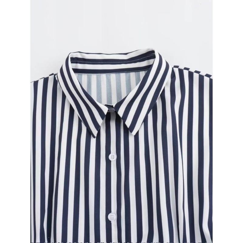 Kaslead New Arrival Women's Clothing Fashion Style Fashion Casual Minimalist Stripes with Belt Short Sleeve Dress